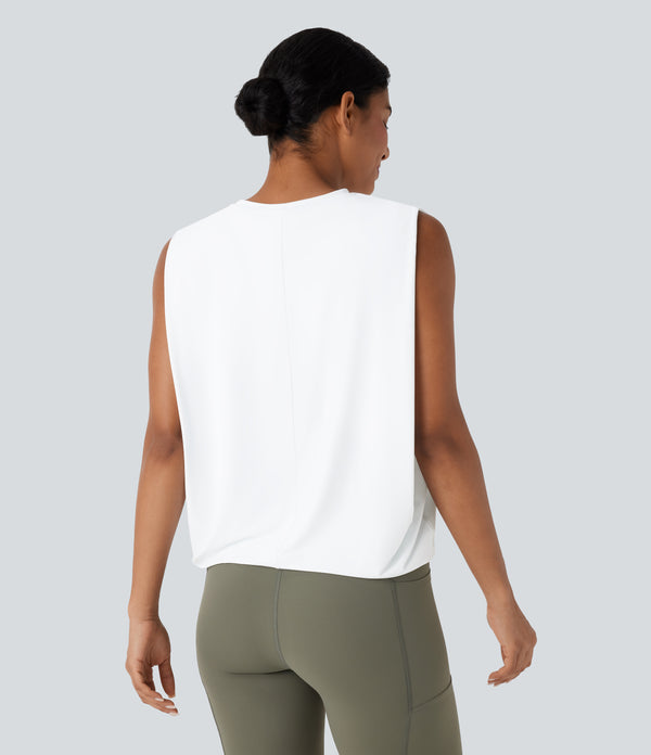 Round Neck Ruched Cool Touch Yoga Tank Top-UPF50+ - White