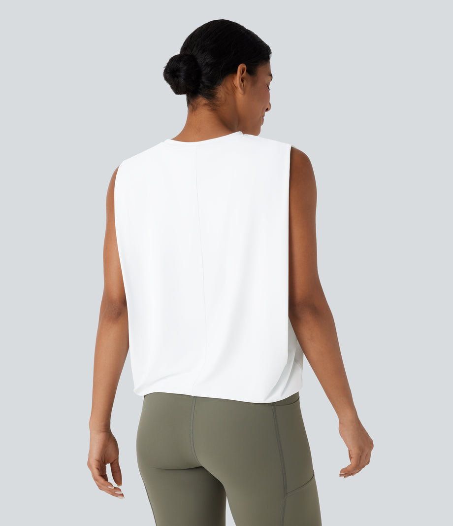 Round Neck Ruched Cool Touch Yoga Tank Top-UPF50+ - White