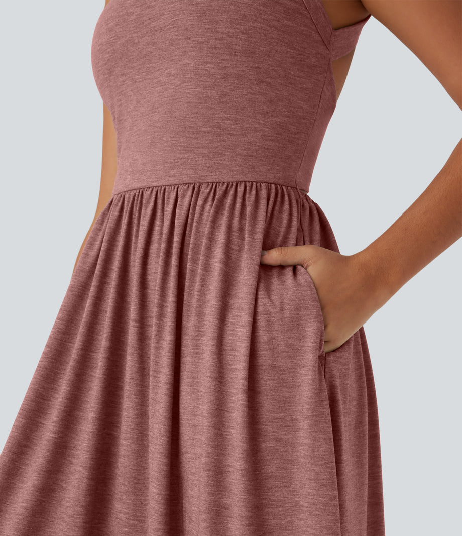 Twisted Backless Split Flowy Maxi Resort Dress with Pockets - Brick Red Mix