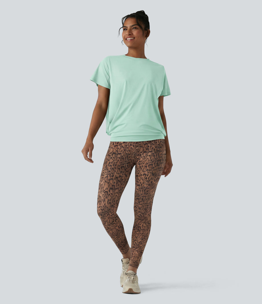 Round Neck Short Sleeve Ruched Cool Touch Yoga Sports Top-UPF50+ - Honeydew