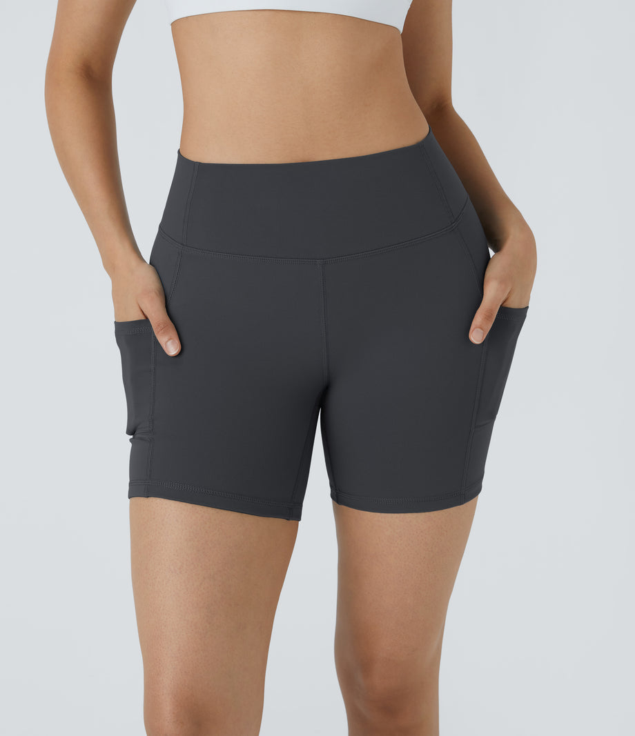 High Waisted Pocket Running Biker Shorts - Asphalt