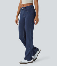 Halara Flex™ Mid Rise Pockets Casual Bootcut Jeans - Washed Denim Navy Blue