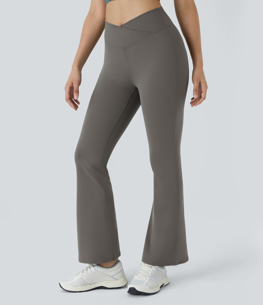 DayStretch High Waisted Crossover Flare Yoga Leggings - Deep Red Grey