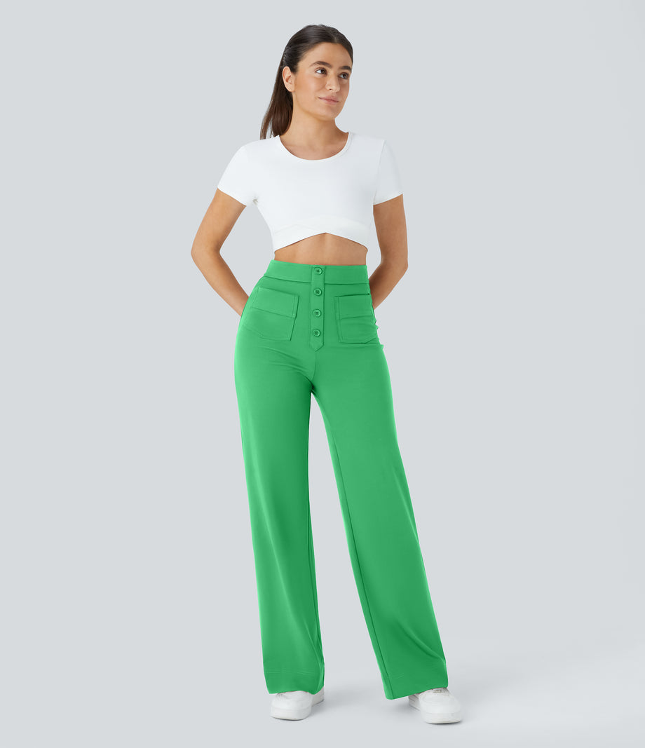 DayStretch High Waisted Pockets Straight Leg Casual Pants - Irish Green