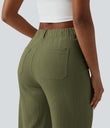 High Waisted Straight Leg Casual Linen-Feel Pants with Pockets - Moss Dune Green