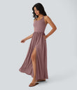 Twisted Backless Split Flowy Maxi Resort Dress with Pockets - Dusk Rose Plum