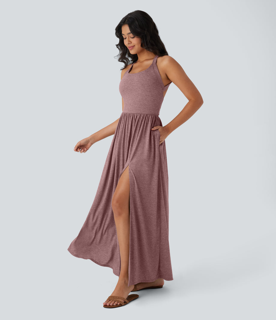 Twisted Backless Split Flowy Maxi Resort Dress with Pockets - Dusk Rose Plum