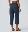 High Waisted Zipper Pocket Cropped Linen-Feel Pants - Deep Secluded Blue