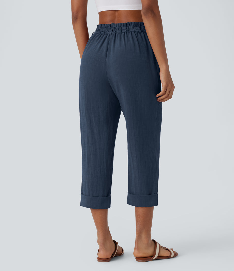 High Waisted Zipper Pocket Cropped Linen-Feel Pants - Deep Secluded Blue