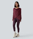 Hooded Cowl Neck Long Sleeve Thumb Hole Yoga Sports Top with Pockets - Chocolate Truffle