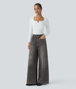 Halara Flex™ High Waisted Pockets Washed Casual Wide Leg Jeans - Grey Black Denim