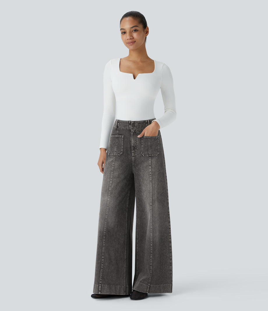 Halara Flex™ High Waisted Pockets Washed Casual Wide Leg Jeans - Grey Black Denim