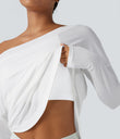 One Shoulder Long Sleeve Thumb Hole Curved Hem High Low Quick Dry Yoga Sports Top-Built-in Bra - White
