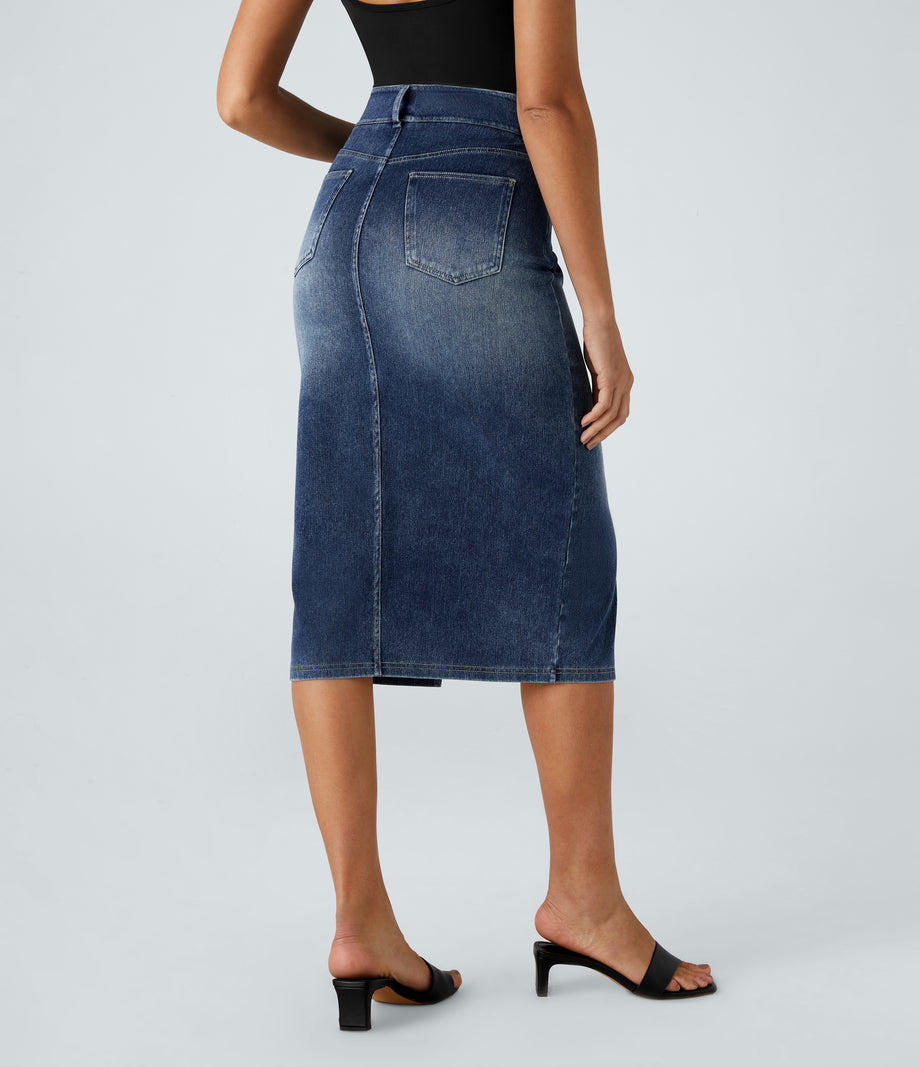 Halara Flex™ High Waisted Pockets Bodycon Washed Denim Casual Midi Skirt - Royal Blue Denim