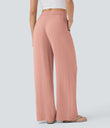 High Waisted Drawstring Pocket Wide Leg Baggy Casual Linen-Feel Pants - Mineral Red