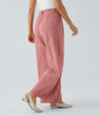 High Waisted Pocket Wide Leg Flowy Solid Palazzo Casual Linen-Feel Pants - Rosette