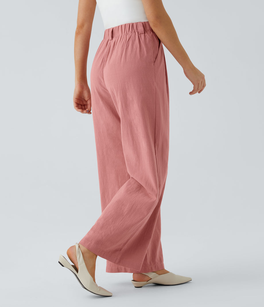 High Waisted Pocket Wide Leg Flowy Solid Palazzo Casual Linen-Feel Pants - Rosette