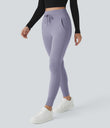 SoftlyZero™ Plush High Waisted Drawstring Pocket Plain Full Length Joggers - Silver Bullet