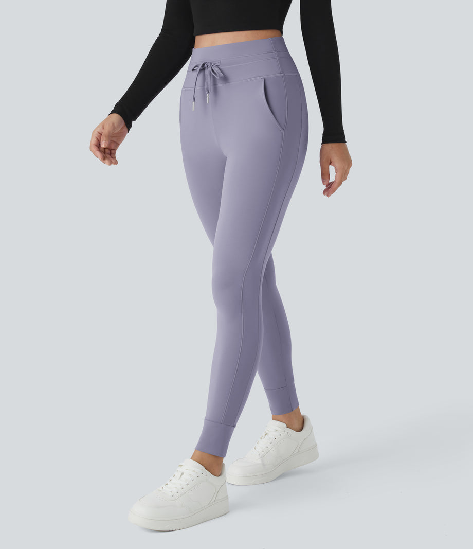SoftlyZero™ Plush High Waisted Drawstring Pocket Plain Full Length Joggers - Silver Bullet