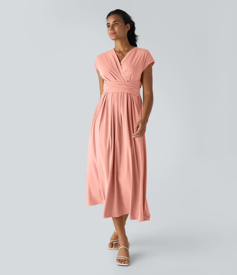 Breezeful™ V Neck Short Sleeve Pocket Tie Back Quick Dry Midi Casual Dress-Longer Length - Blossom