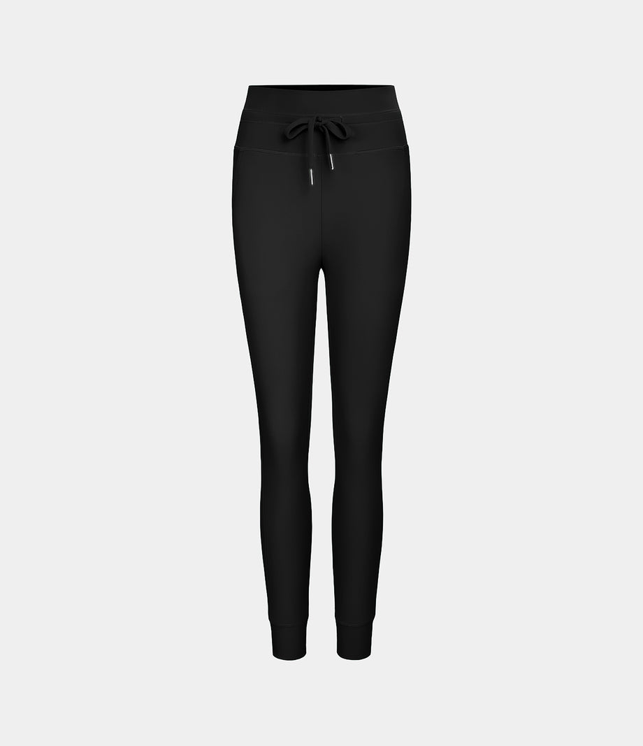 SoftlyZero™ Plush High Waisted Drawstring Pocket Plain Full Length Joggers - Black