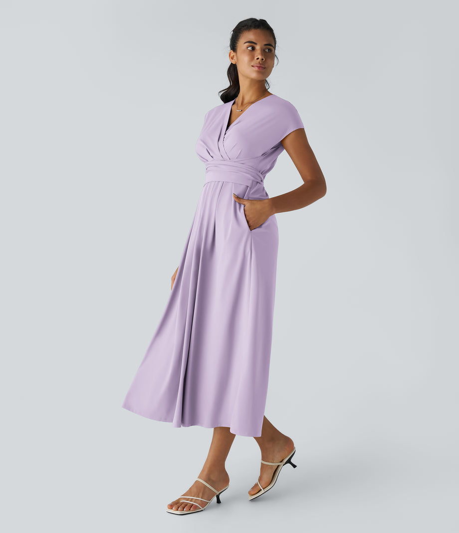 Breezeful™ V Neck Short Sleeve Pocket Tie Back Quick Dry Midi Casual Dress-Longer Length - Leisurely Lavender