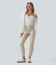 High Waisted Tummy Control Stretchy PU Fleece 7/8 Skinny Casual Leggings with Pockets - French Oak