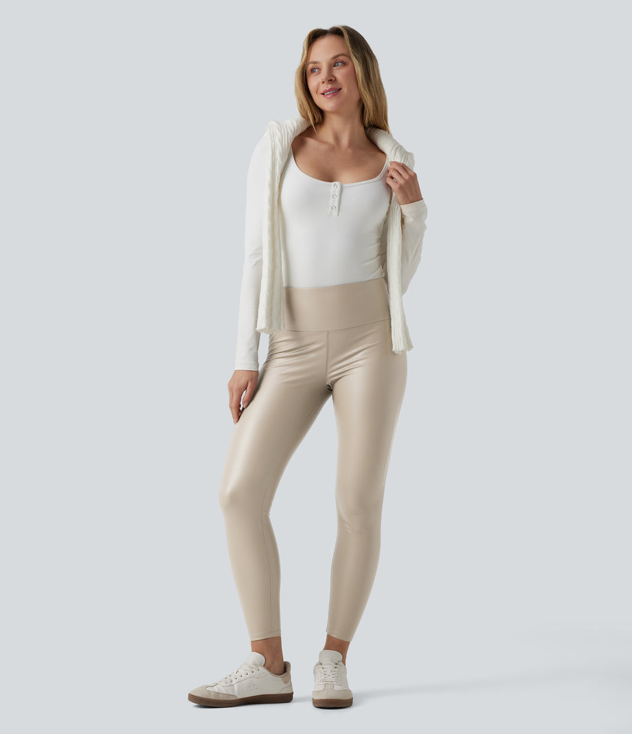 High Waisted Tummy Control Stretchy PU Fleece 7/8 Skinny Casual Leggings with Pockets - French Oak