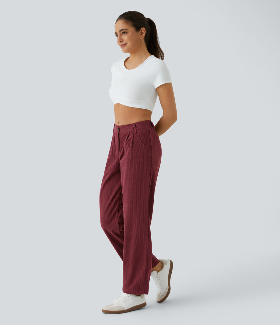 Mid Rise Zipper Pocket Corduroy Casual Pants - Pomegranate