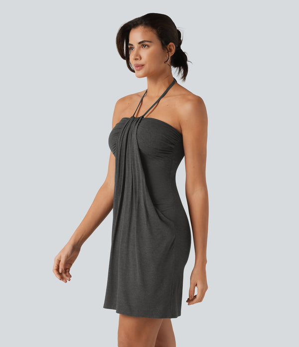 Halter Tie Back Mini Resort Dress with Pockets - Darl Gray Floral Yarn