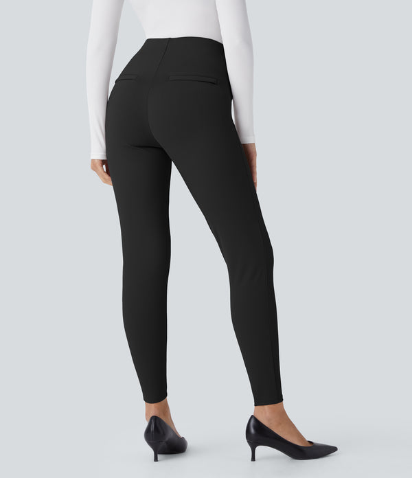 High Waisted Tummy Control Decorative Back Zipper Pockets Herringbone Work Leggings - Black