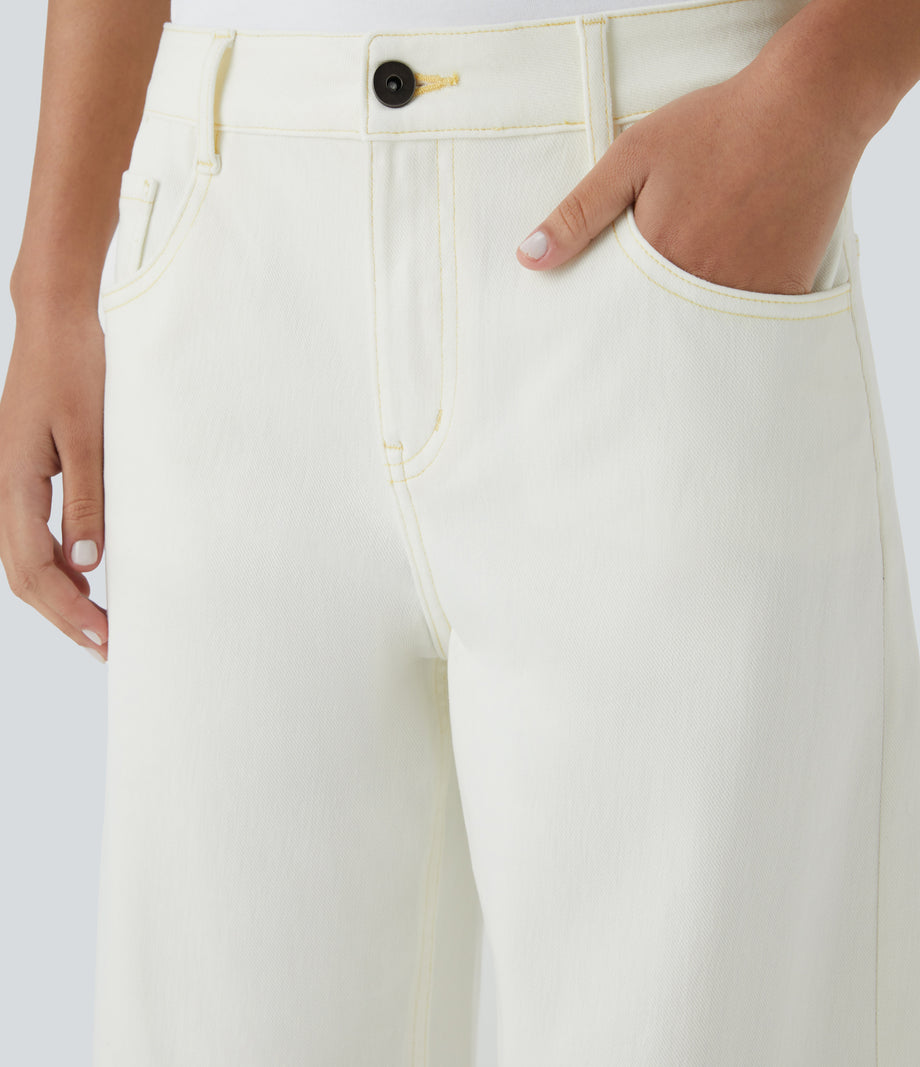 Halara Flex™ Low Rise Zipper Pockets Washed Baggy Wide Leg Casual Jeans - Beige Denim