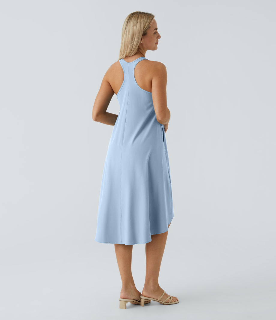 Breezeful™ Backless Racerback Side Pocket High Low Flowy Midi Quick Dry Casual Dress - Ballad Blue