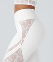 SoftlyZero™ High Waisted Crossover Pocket Contrast Lace Flare Yoga Leggings - White