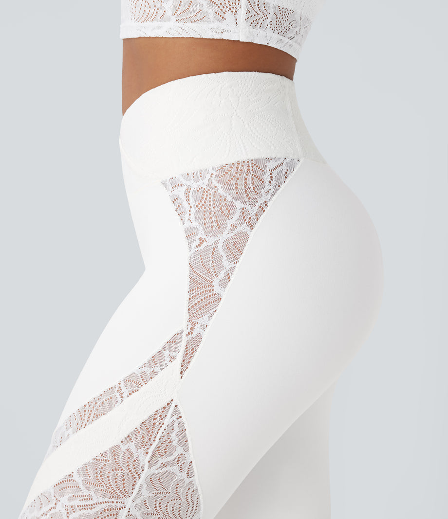 SoftlyZero™ High Waisted Crossover Pocket Contrast Lace Flare Yoga Leggings - White