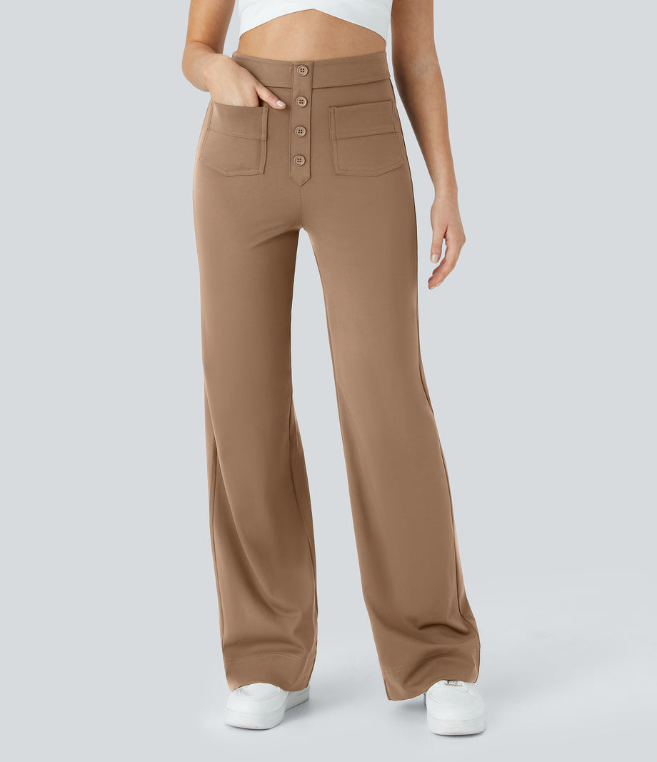 DayStretch High Waisted Pockets Straight Leg Casual Pants - Burro