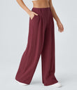 High Waisted Pocket Wide Leg Flowy Solid Palazzo Casual Linen-Feel Pants - Biking Red