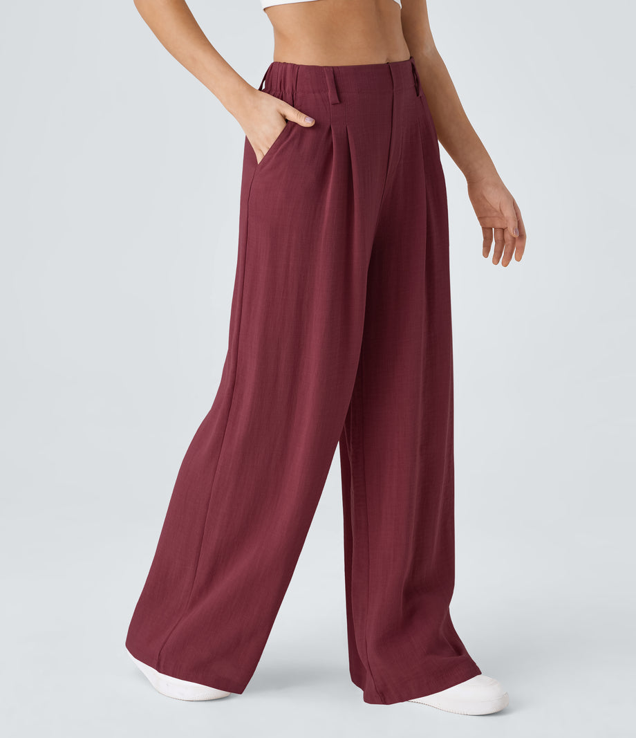 High Waisted Pocket Wide Leg Flowy Solid Palazzo Casual Linen-Feel Pants - Biking Red