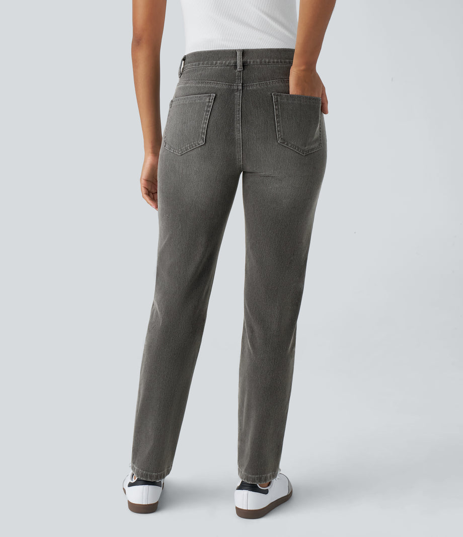 Halara Flex™ High Waisted Pockets Straight Leg Washed Casual Jeans - Dirty Black Denim