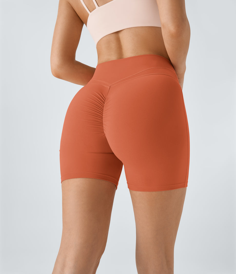 SoftlyZero™ Plush High Waisted Crossover Ruched Yoga Shorts 5'' - Orange Rust
