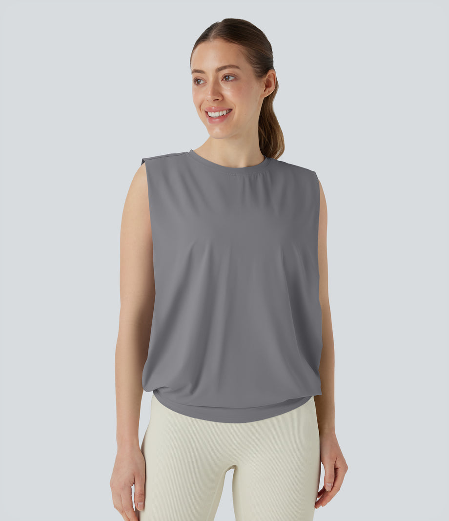Round Neck Ruched Cool Touch Yoga Tank Top-UPF50+ - Night Owl