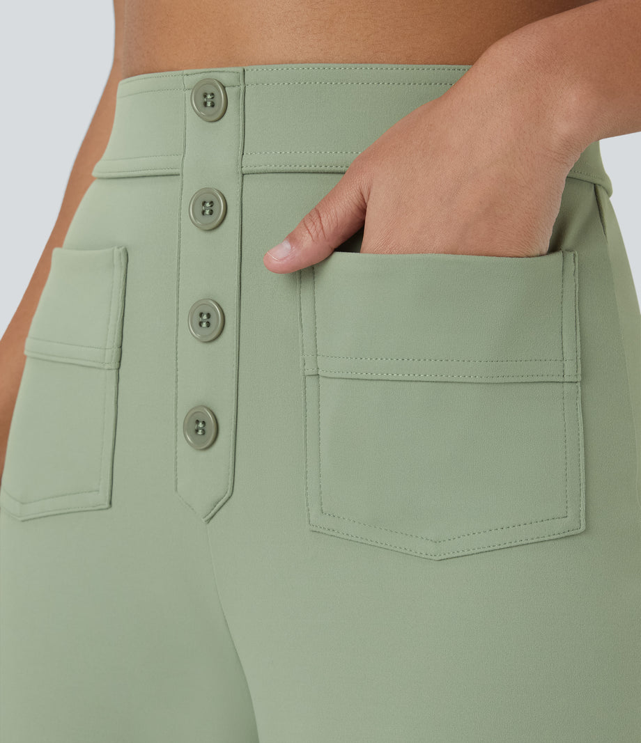 DayStretch High Waisted Pockets Straight Leg Casual Pants - Asparagus