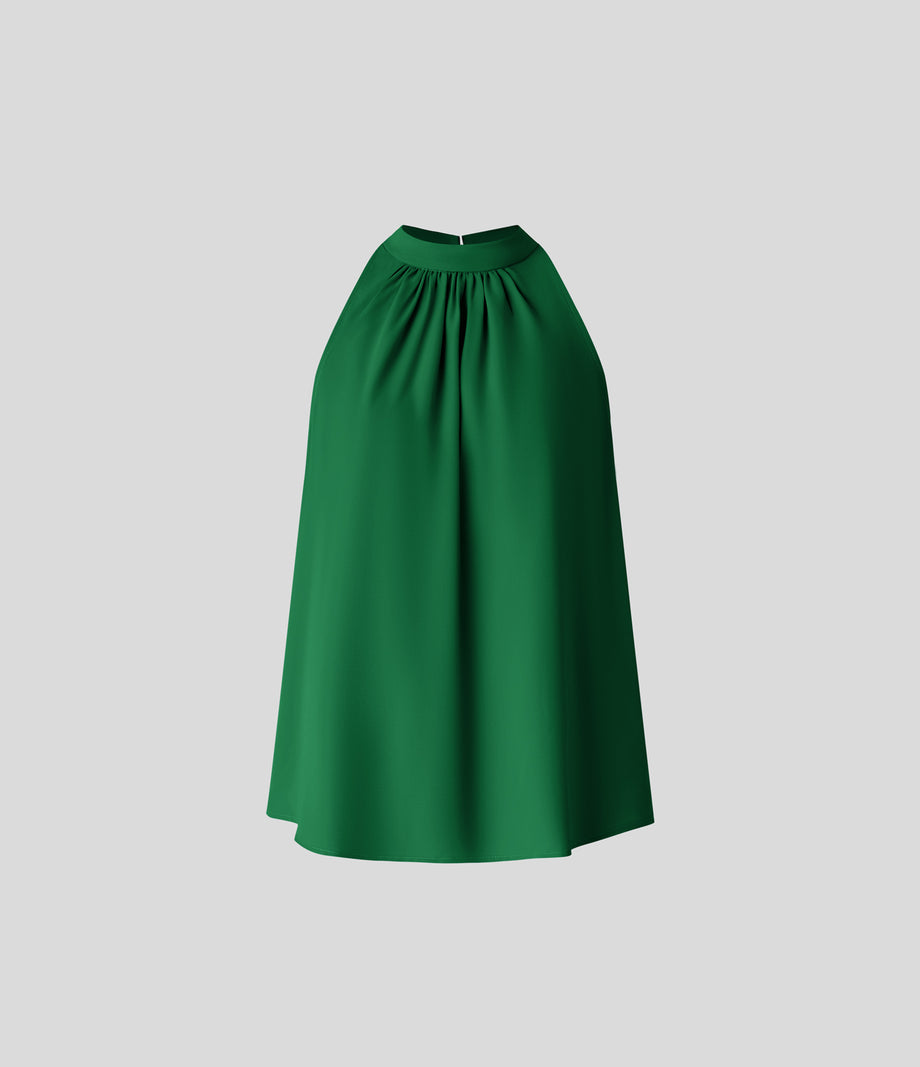 Keyhole Back Halter Sleeveless Curved Hem Work Blouse - Abundant Green