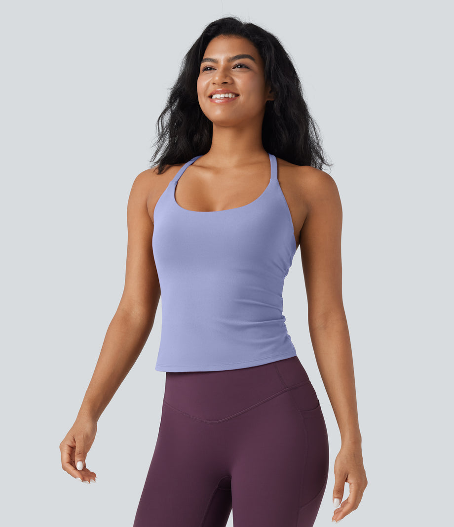 Scoop Neck Crisscross Back Crossover Hem Yoga Cami Top - Baby Lavender