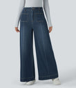 Halara Flex™ High Waisted Pockets Washed Casual Wide Leg Jeans - Distressed Denim Dark Blue