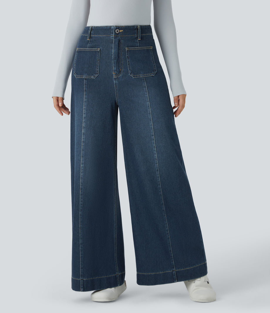 Halara Flex™ High Waisted Pockets Washed Casual Wide Leg Jeans - Distressed Denim Dark Blue