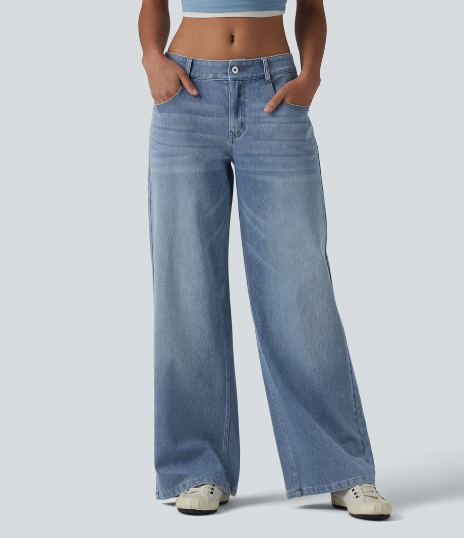 Halara Flex™ Low Rise Zipper Pockets Washed Baggy Wide Leg Casual Jeans - Light Blue – Glacier Light Blue