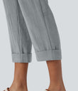 High Waisted Zipper Pocket Cropped Linen-Feel Pants - Quarry