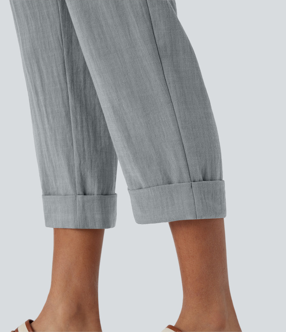 High Waisted Zipper Pocket Cropped Linen-Feel Pants - Quarry