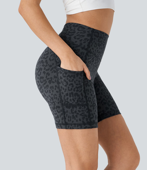 High Waisted Pocket Running Biker Shorts - Grey Blue